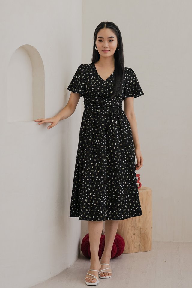 Raven Floral Ruched Midi Dress In Black