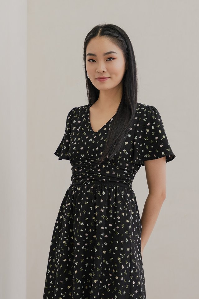 Raven Floral Ruched Midi Dress In Black
