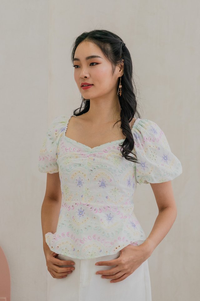 Reena Rainbow Eyelet Puff Sleeve Top