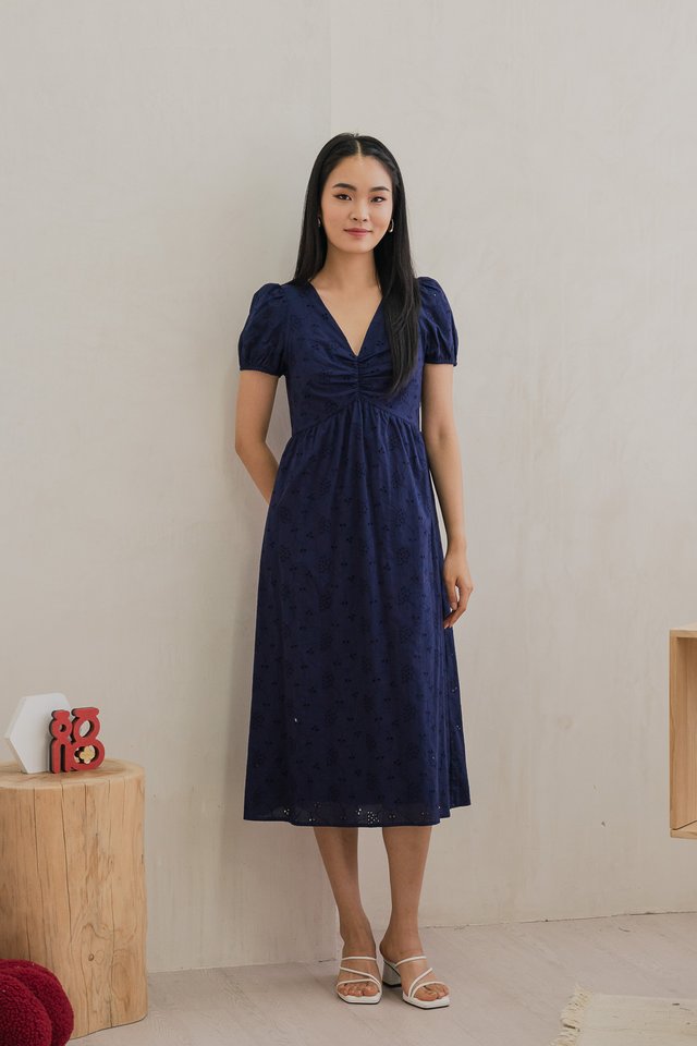 Eberta Eyelet Sweetheart Midi Dress In Navy