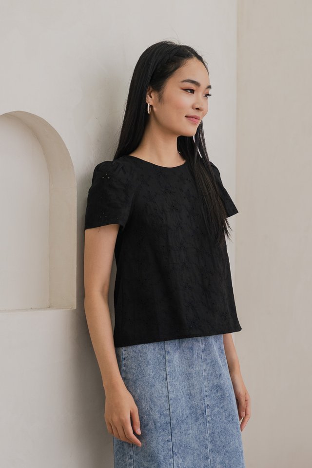 Cyprus Crochet Eyelet Tie-back Top In Black