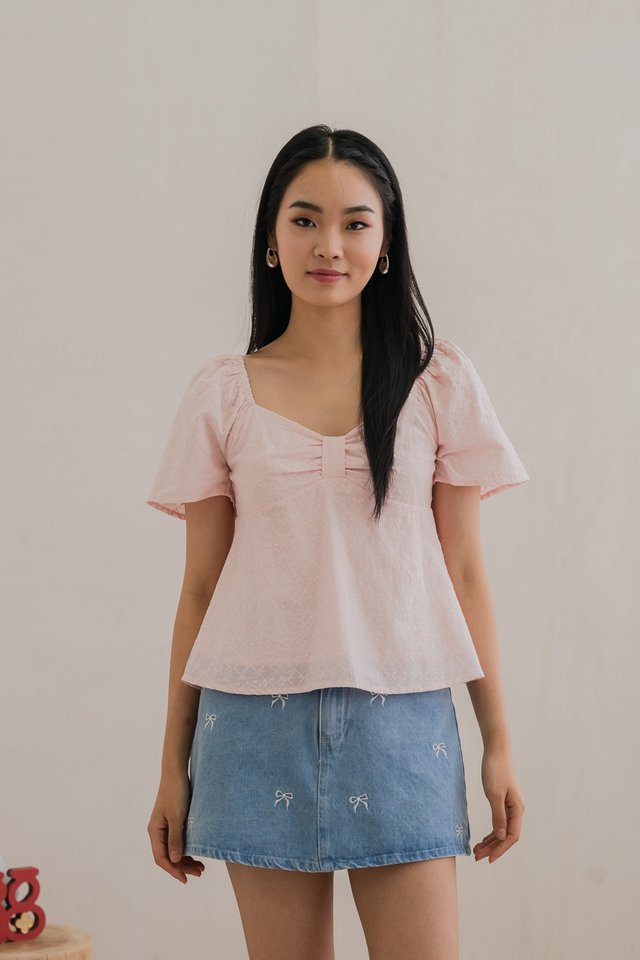 Bambi Ribbon Embroidery Bow Top In Pink