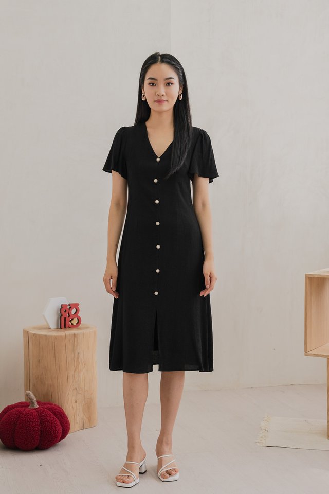 Portia Pearl Button Slit Midi Dress In Black