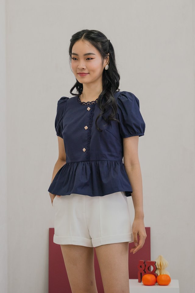 Carmandy Clover Button Eyelet Trim Top in Navy