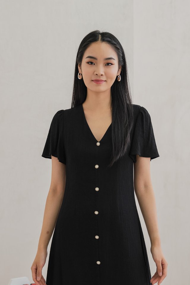 Portia Pearl Button Slit Midi Dress In Black