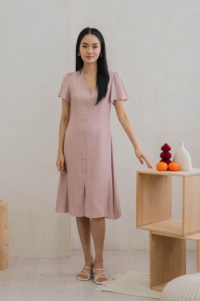 Portia Pearl Button Slit Midi Dress In Dusty Pink