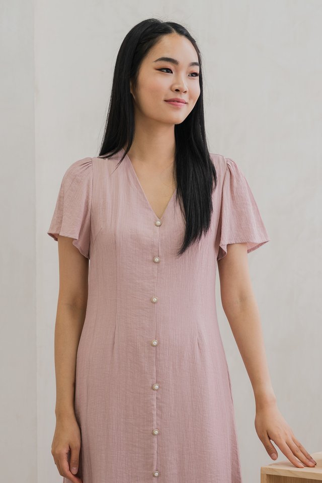 Portia Pearl Button Slit Midi Dress In Dusty Pink