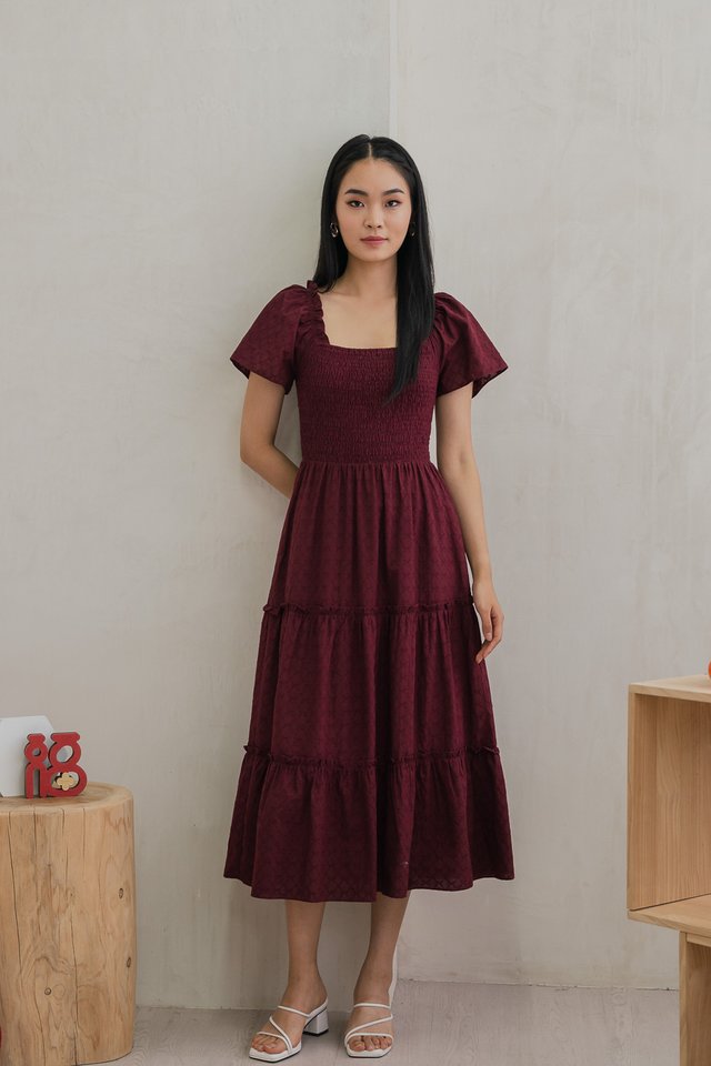Rosita Ribbon Embroidery Tiered Maxi Dress In Wine