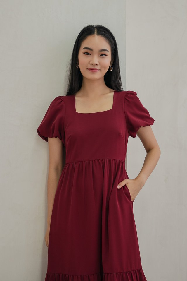 Spring Puff Sleeve Maxi Dress In Wine Red