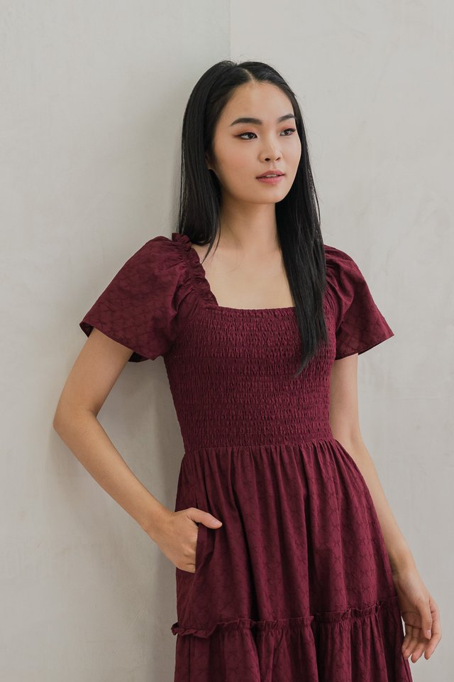 Rosita Ribbon Embroidery Tiered Maxi Dress In Wine