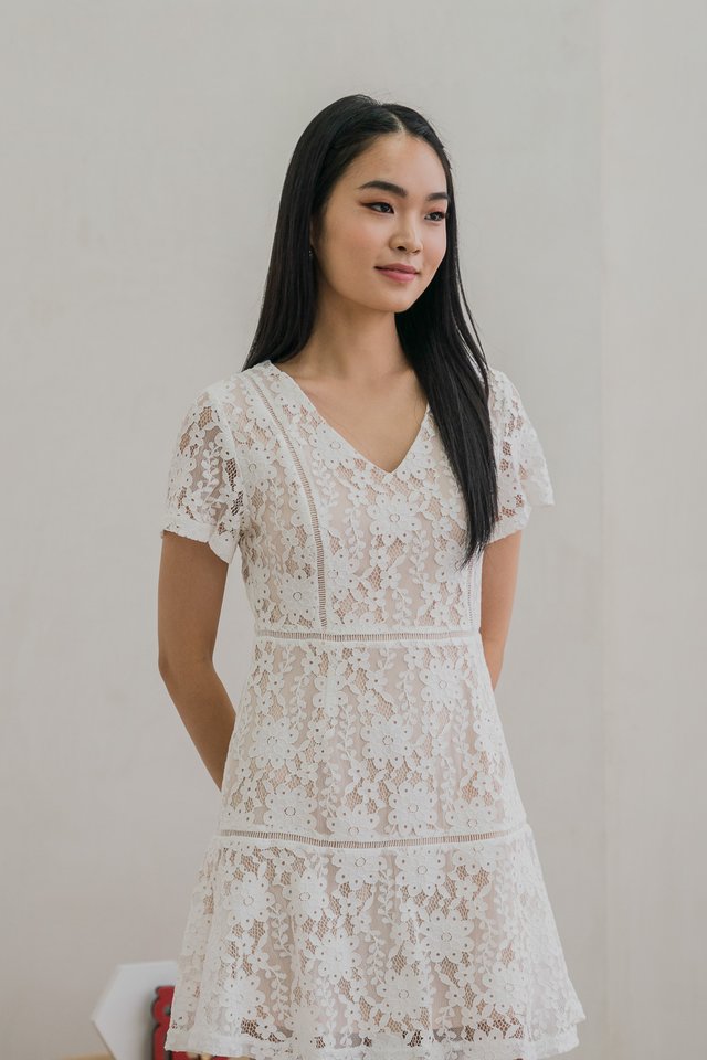 Lynette Contrast Lace Tiered Dress In White