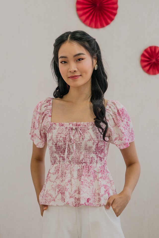 Tana Toile Smocked Ribbon Top In Pink
