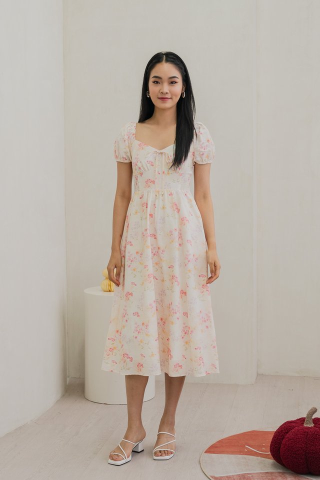 Reanne Smocked Back Ribbon Midi Dress In Cream