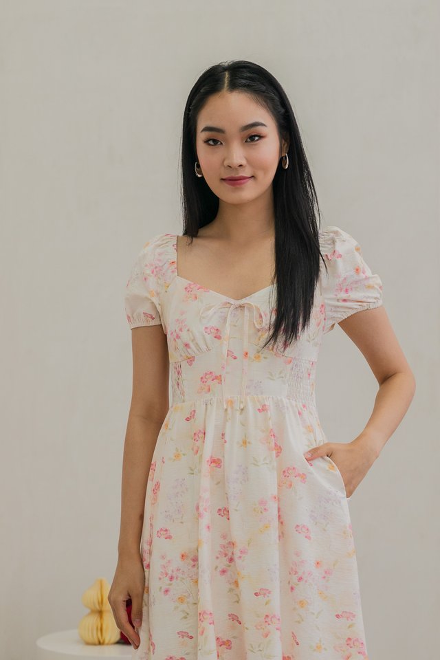 Reanne Smocked Back Ribbon Midi Dress In Cream