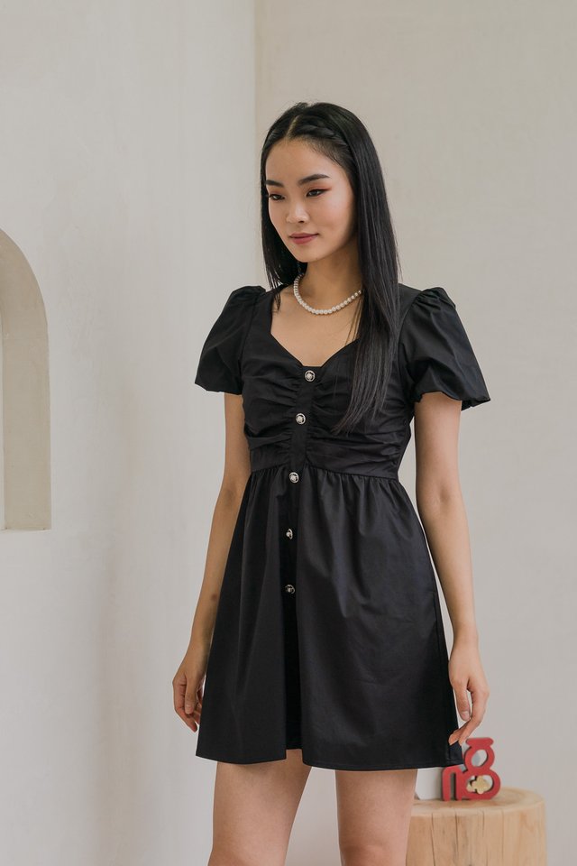 Rianna Ruched Button Puff Sleeve Dress In Black