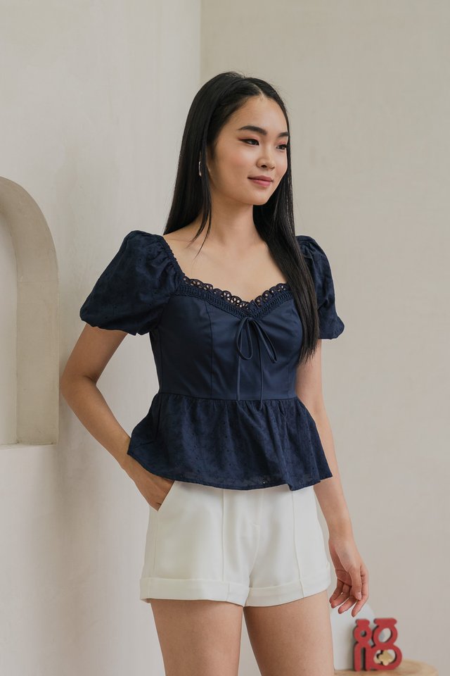 Maisie Mixed Fabric Eyelet Ribbon Top In Navy