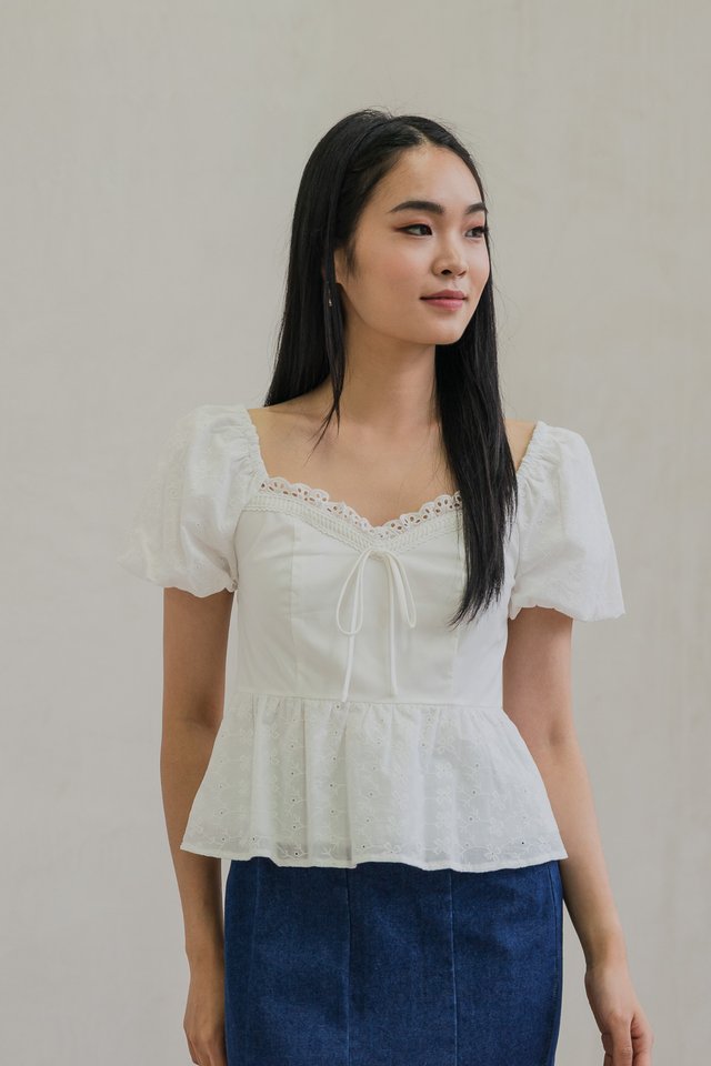 Maisie Mixed Fabric Eyelet Ribbon Top In White