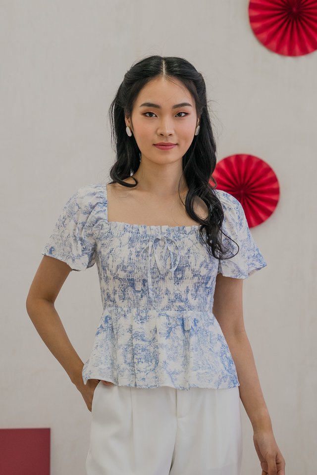 Tana Toile Smocked Ribbon Top In Blue