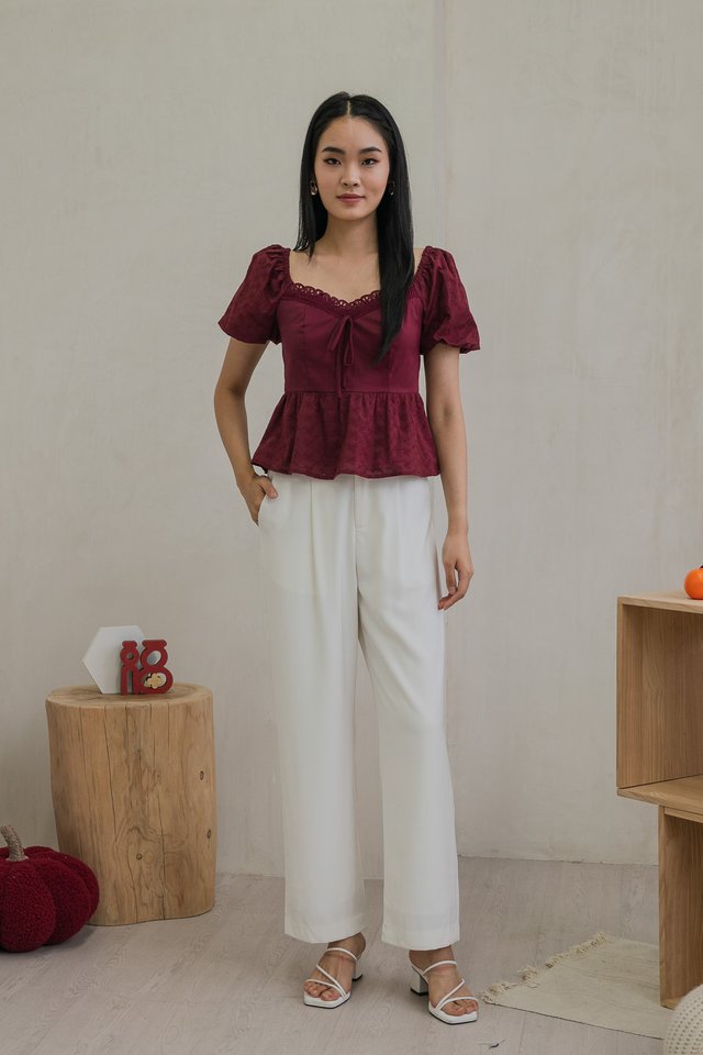 Maisie Mixed Fabric Eyelet Ribbon Top In Wine