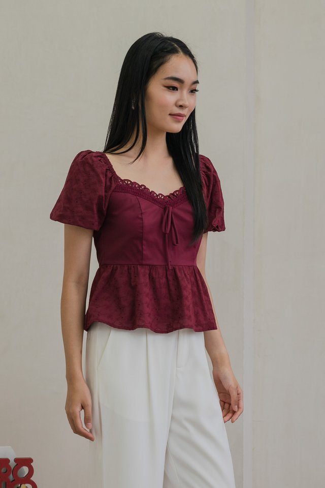 Maisie Mixed Fabric Eyelet Ribbon Top In Wine