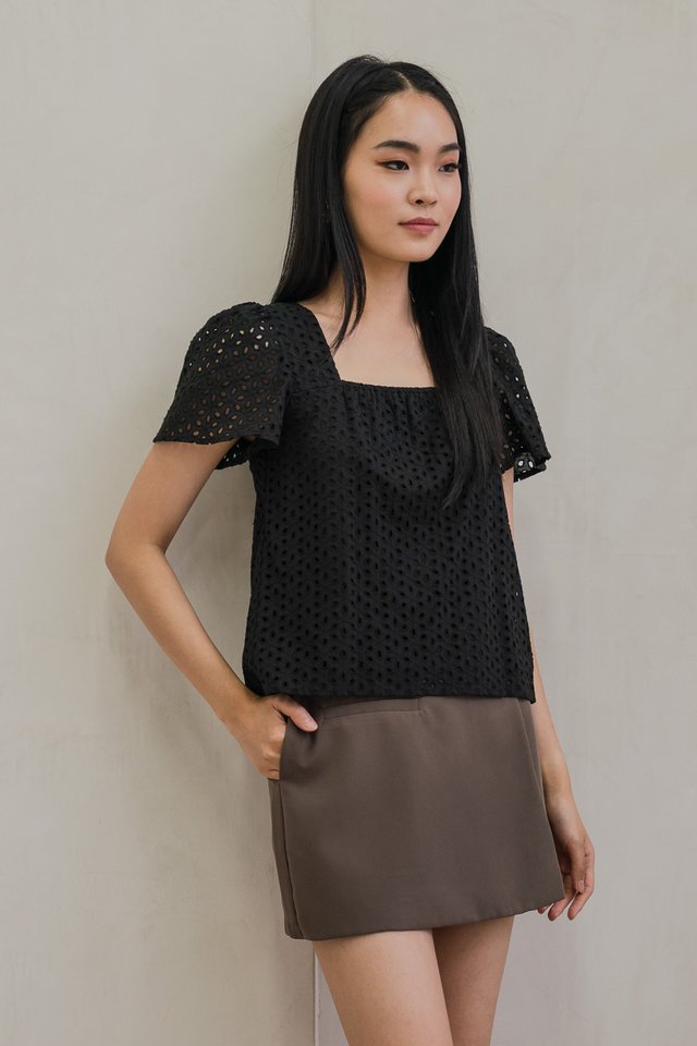 Eartha Eyelet Square Neck Top In Black