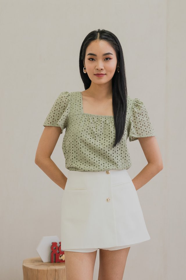 Eartha Eyelet Square Neck Top In Sage