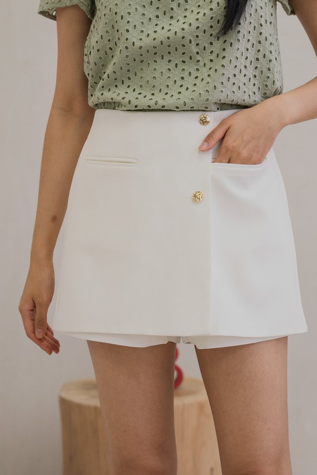 Glimmer Gold Button Overlap Skort In White