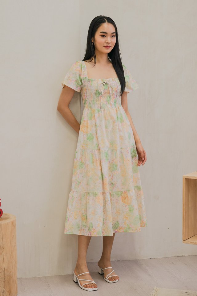Saffron Smocked Ribbon Tier Midi Dress In Cream