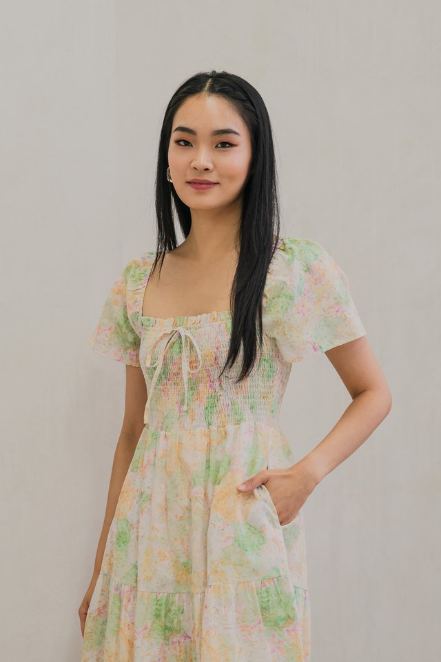 Saffron Smocked Ribbon Tier Midi Dress In Cream