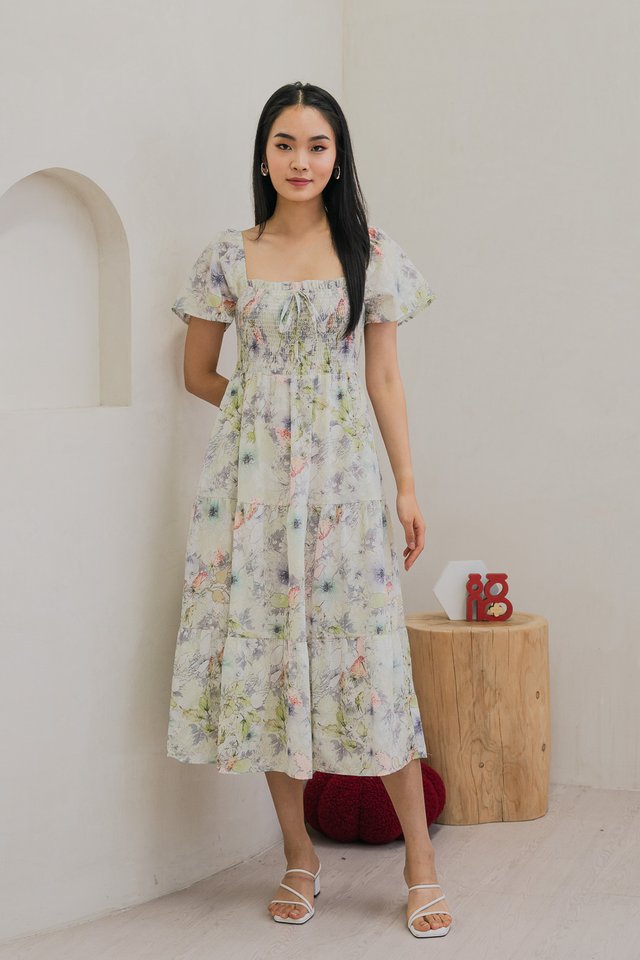 Saffron Smocked Ribbon Tier Midi Dress In Grey