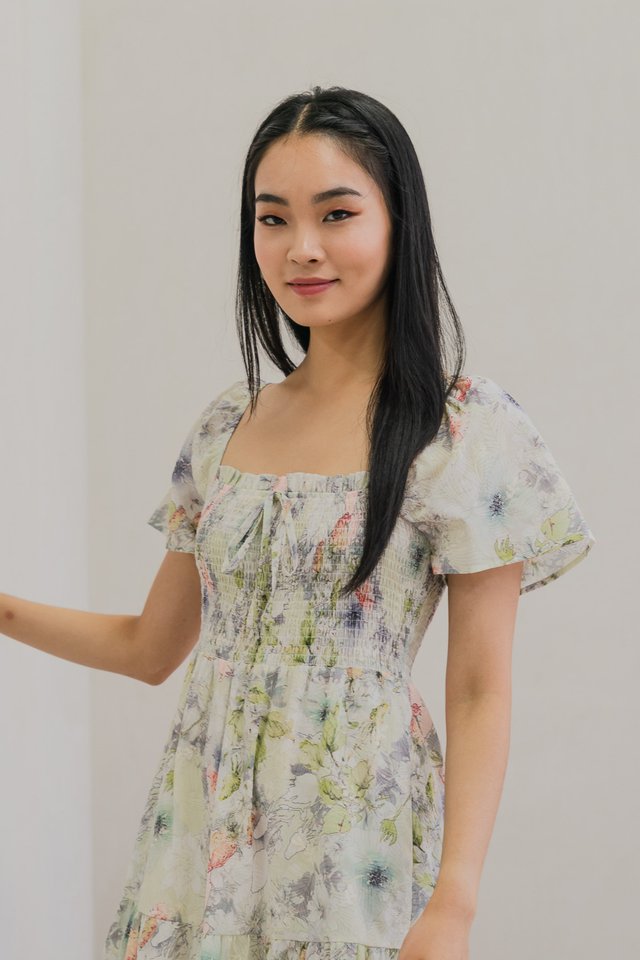 Saffron Smocked Ribbon Tier Midi Dress In Grey