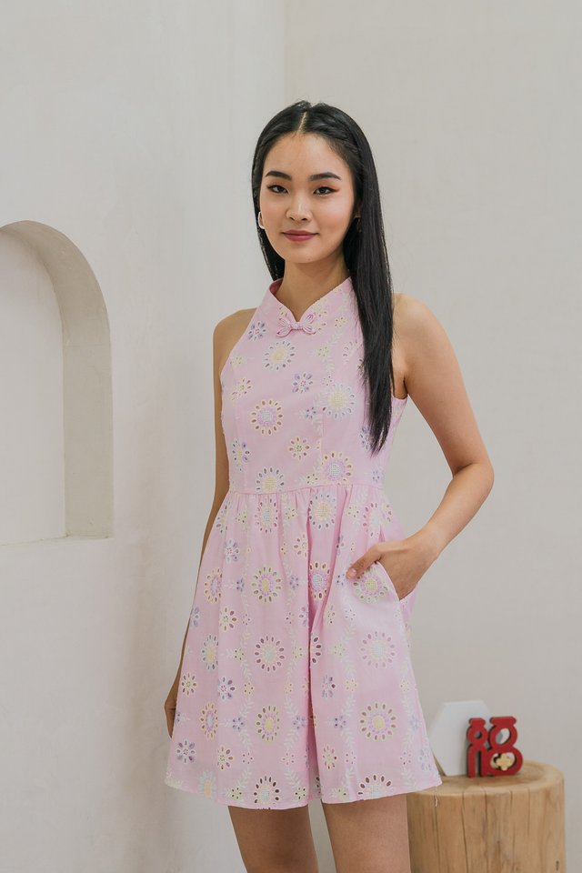 Lumina Pastel Eyelet Qipao Dress In Pink