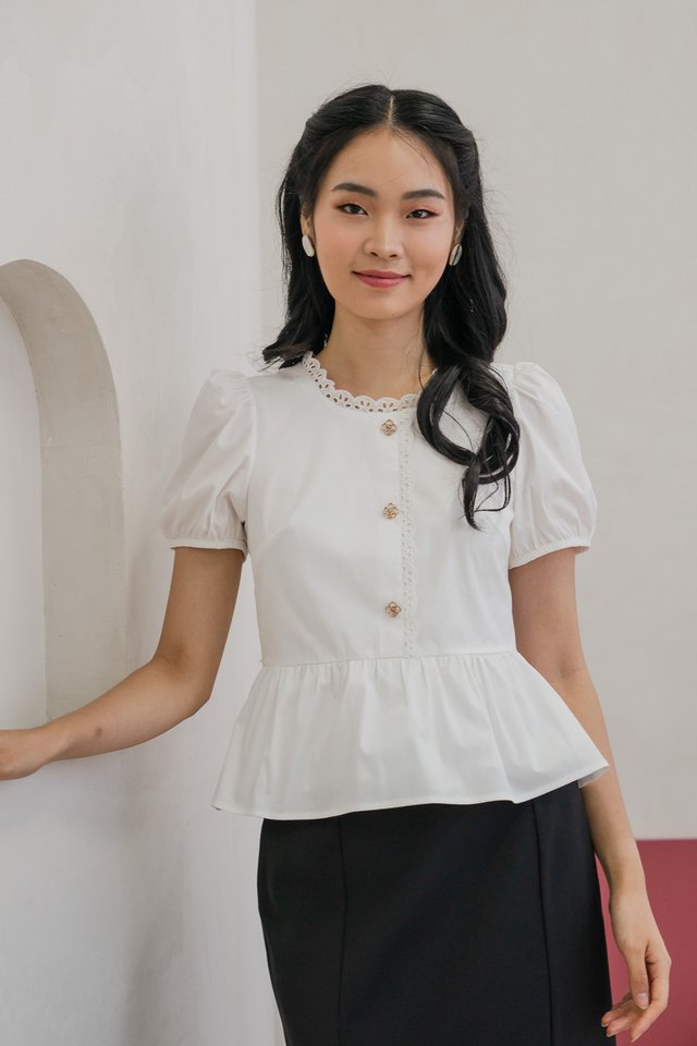 Carmandy Clover Button Eyelet Trim Top in White