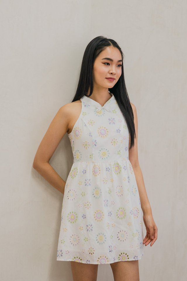 Lumina Pastel Eyelet Qipao Dress In White