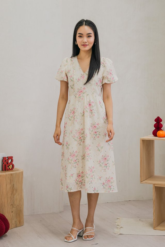 Dynasty Rose Eyelet Empire Midi Dress In Cream