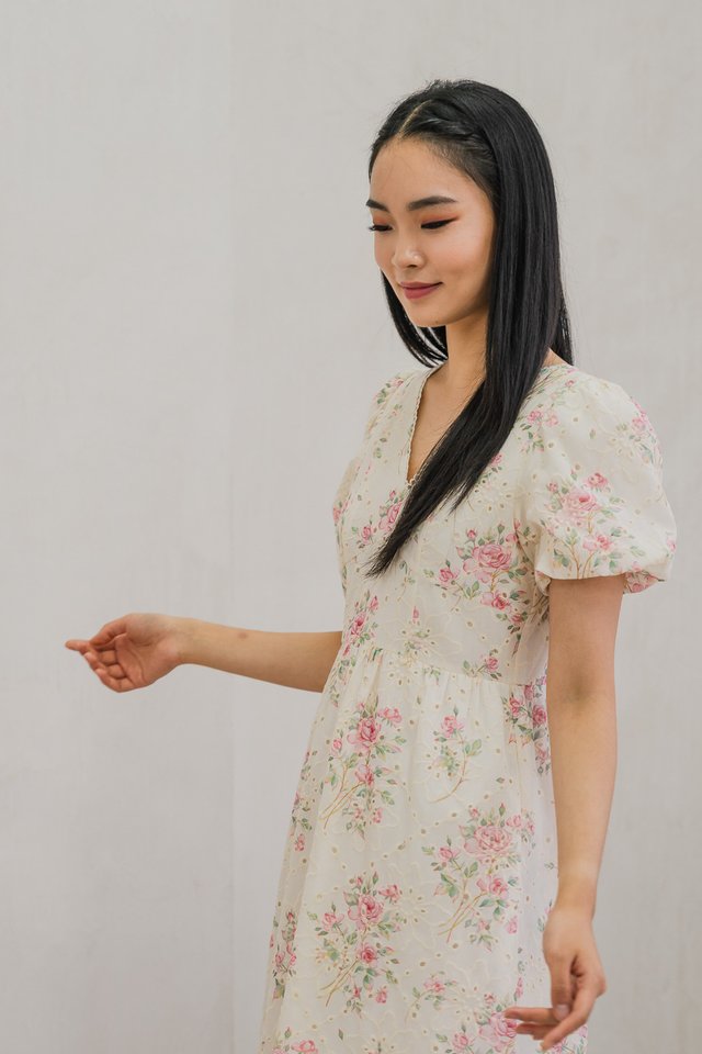 Dynasty Rose Eyelet Empire Midi Dress In Cream