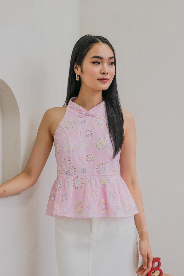 Lumina Pastel Eyelet Qipao Top In Pink