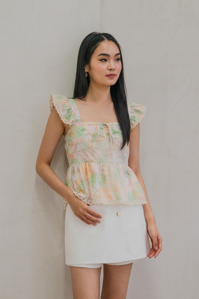 Saffron Ruffle Sleeves Crochet Hem Top In Cream