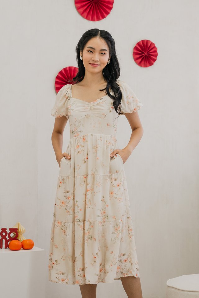 Solace Floral Sweetheart Tiered Midi Dress in Cream