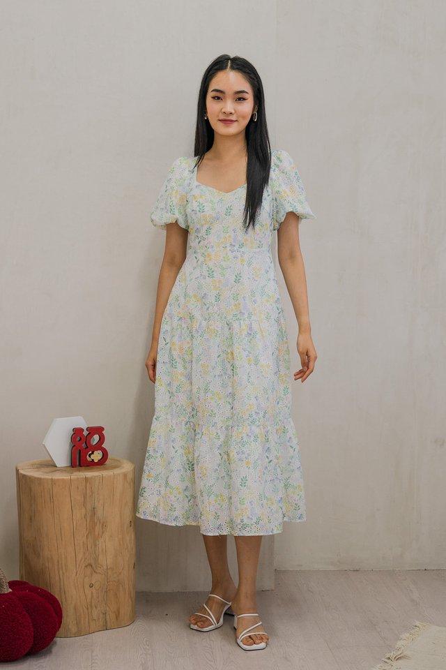 Etopia Garden Eyelet Puff Sleeve Midi Dress In Sage