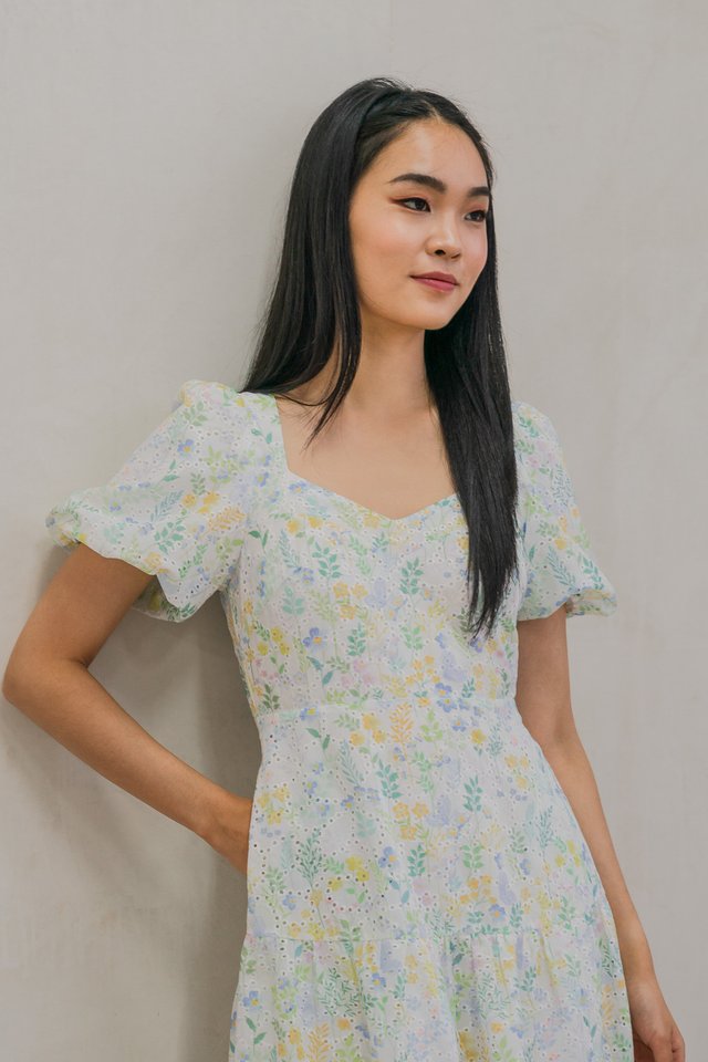 Etopia Garden Eyelet Puff Sleeve Midi Dress In Sage