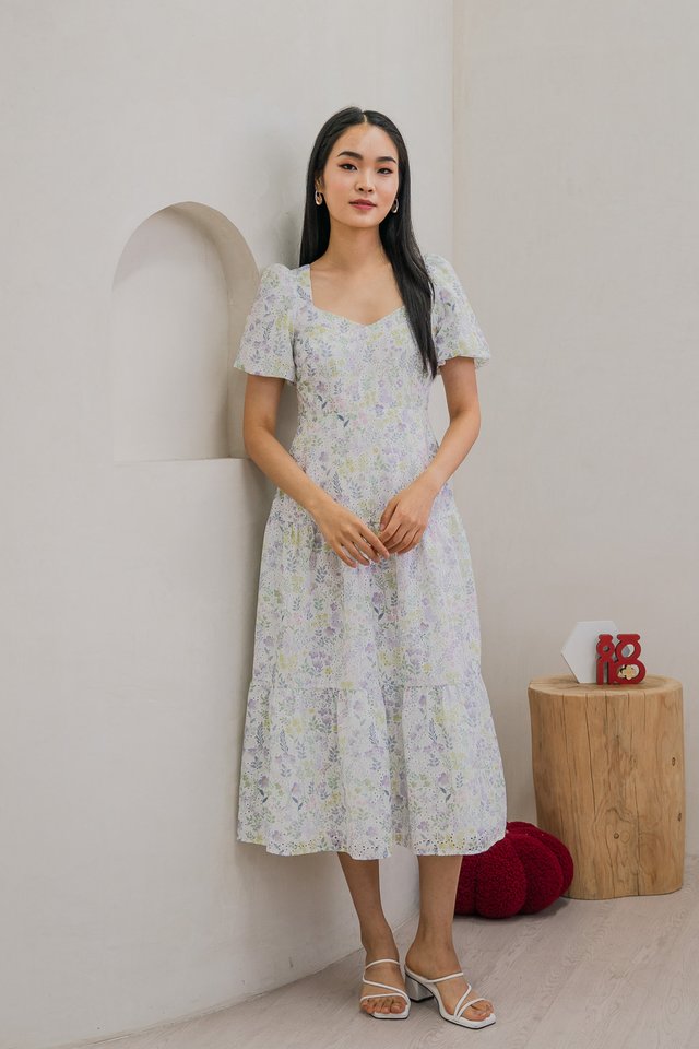 Etopia Garden Eyelet Puff Sleeve Midi Dress In Lilac