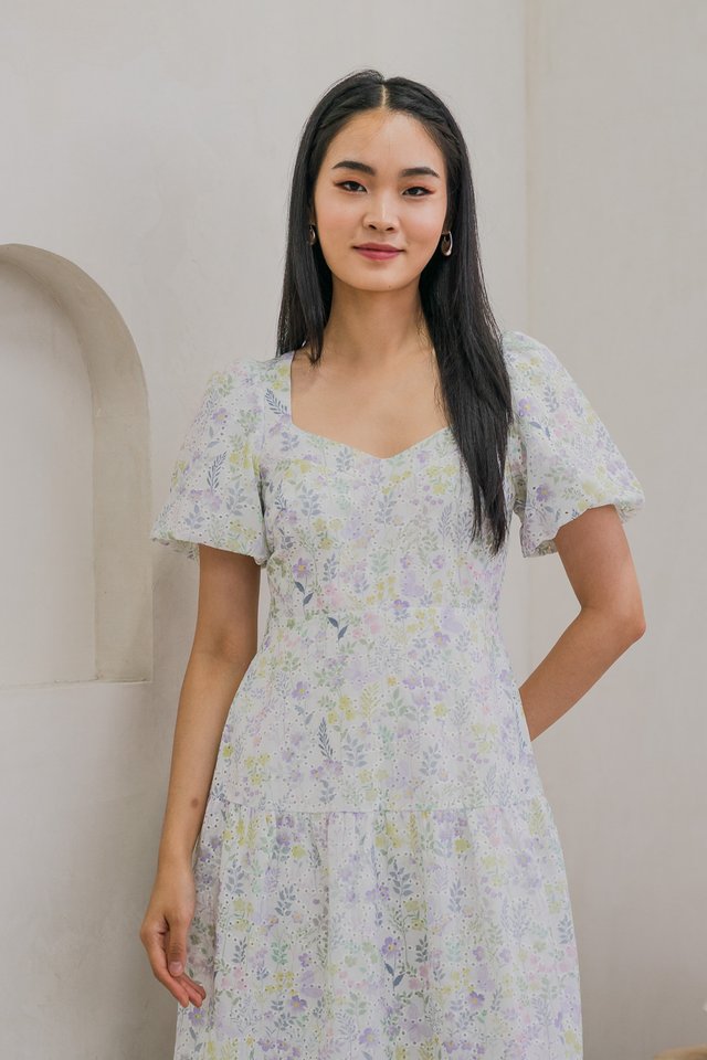 Etopia Garden Eyelet Puff Sleeve Midi Dress In Lilac