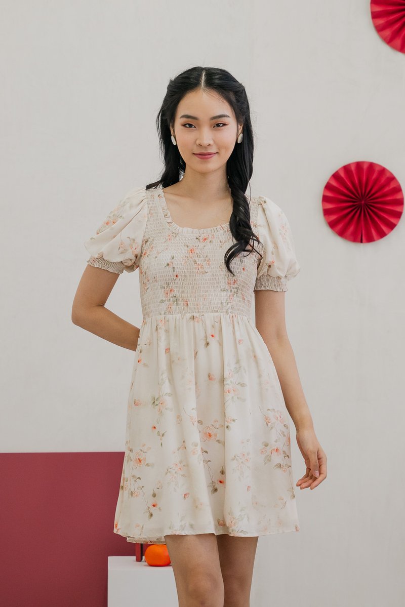Solace Floral Smocked Puff Sleeves Dress in Cream (XS)