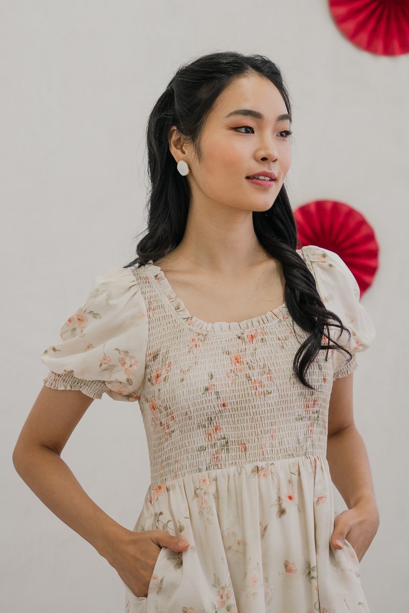 Solace Floral Smocked Puff Sleeves Dress in Cream (XS)