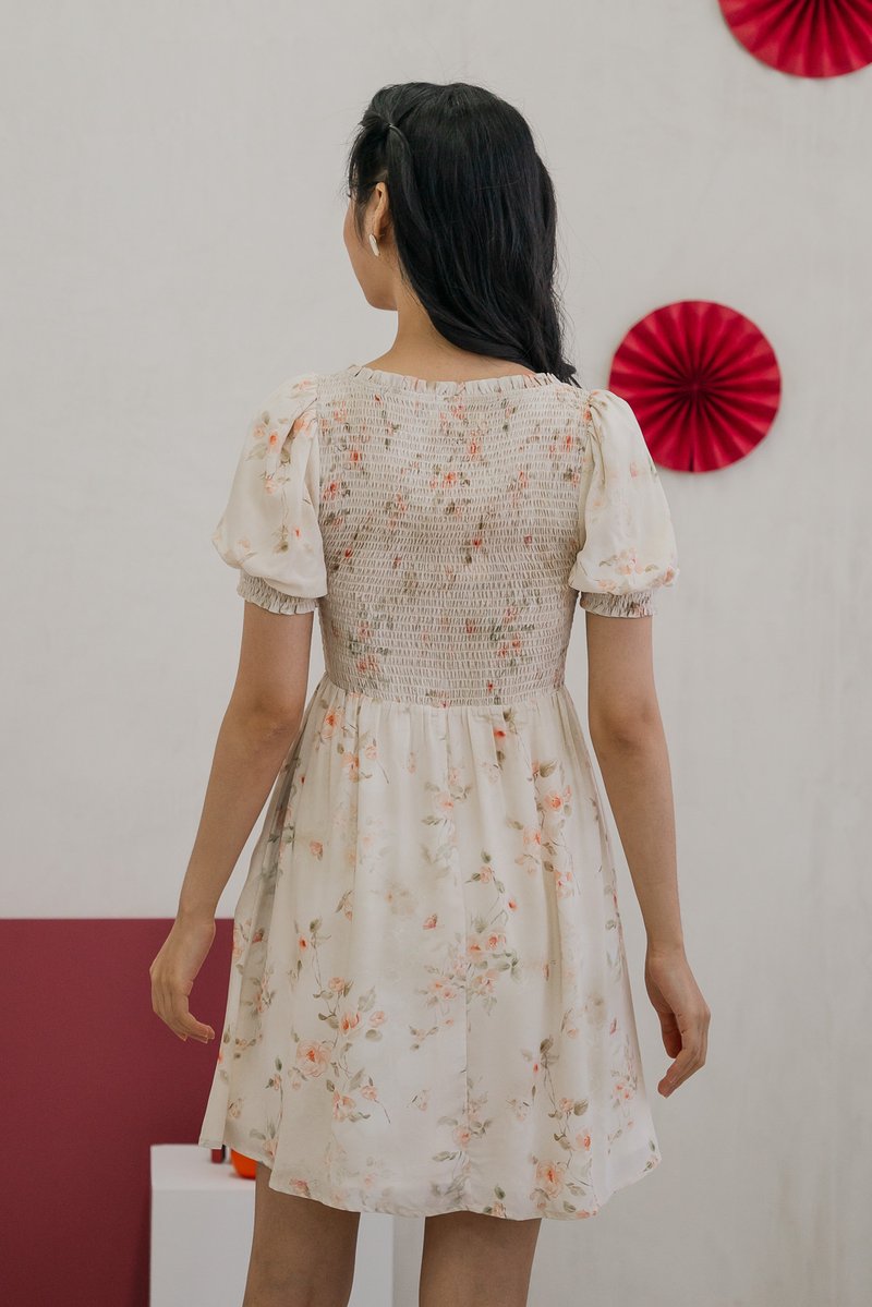 Solace Floral Smocked Puff Sleeves Dress in Cream (XS)