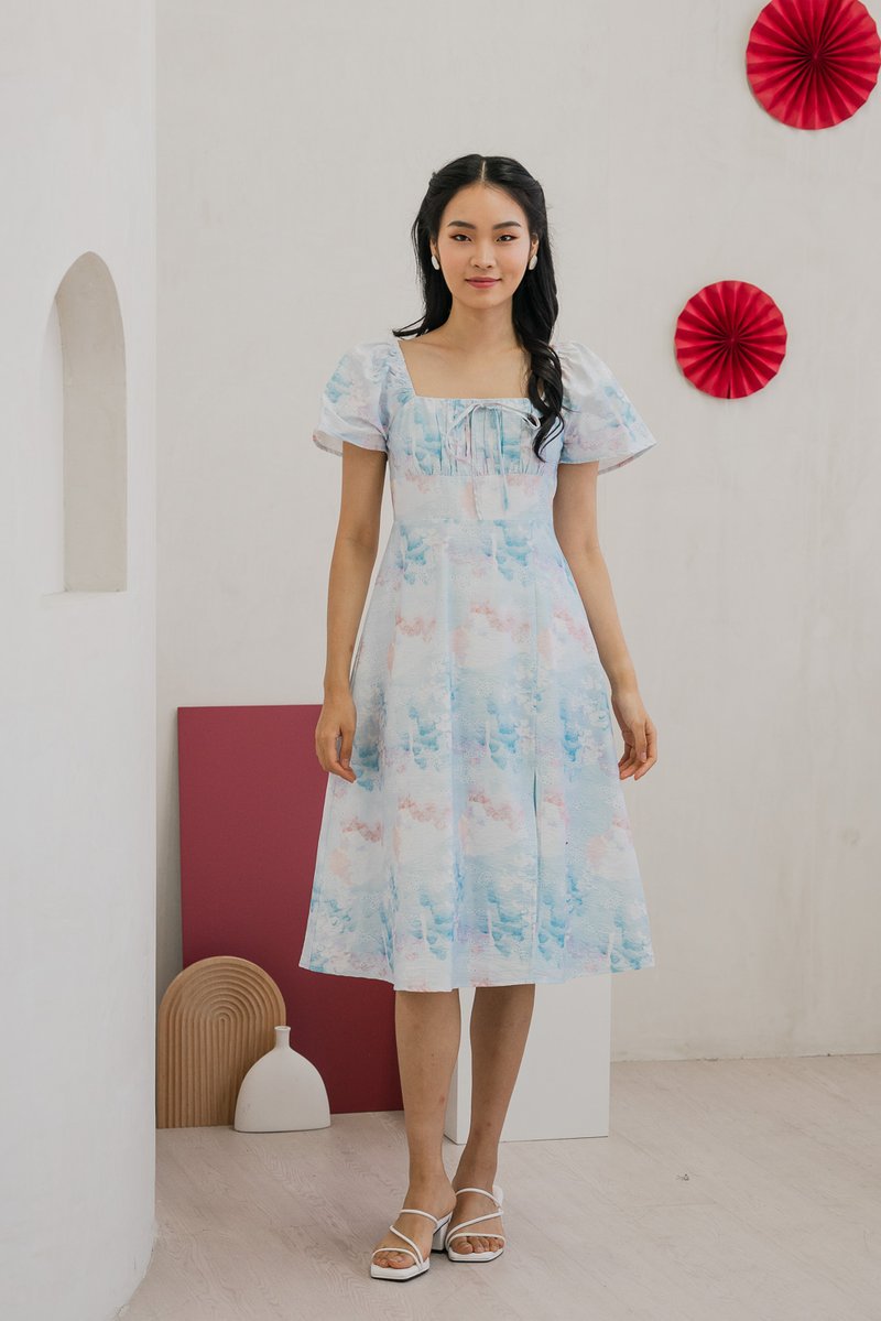 Cyan Pastel Ruched Ribbon Midi Dress in Blue (XS)