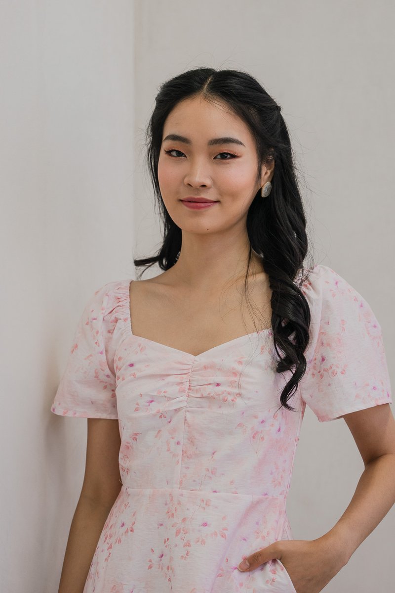 Sakura Floral Sweetheart Dress Romper in Pink (XS)