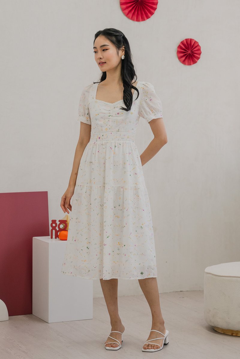 Clarity Smocked Back Sweetheart Midi Dress in White (XS)