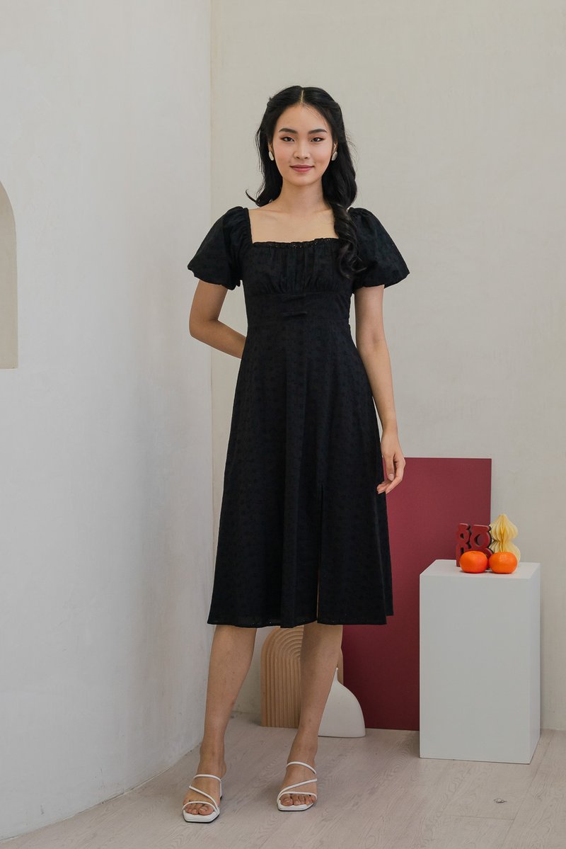 Brigette Eyelet Ruched Bow Midi Dress in Black